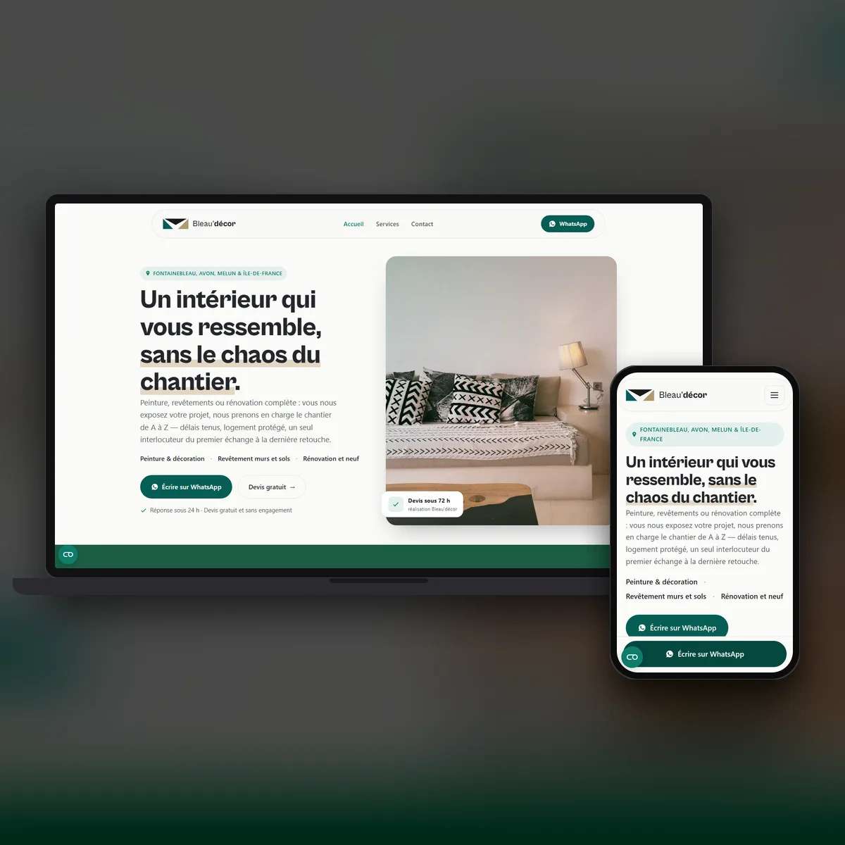 Le site de Bleau'Décor sur ordinateur et sur mobile