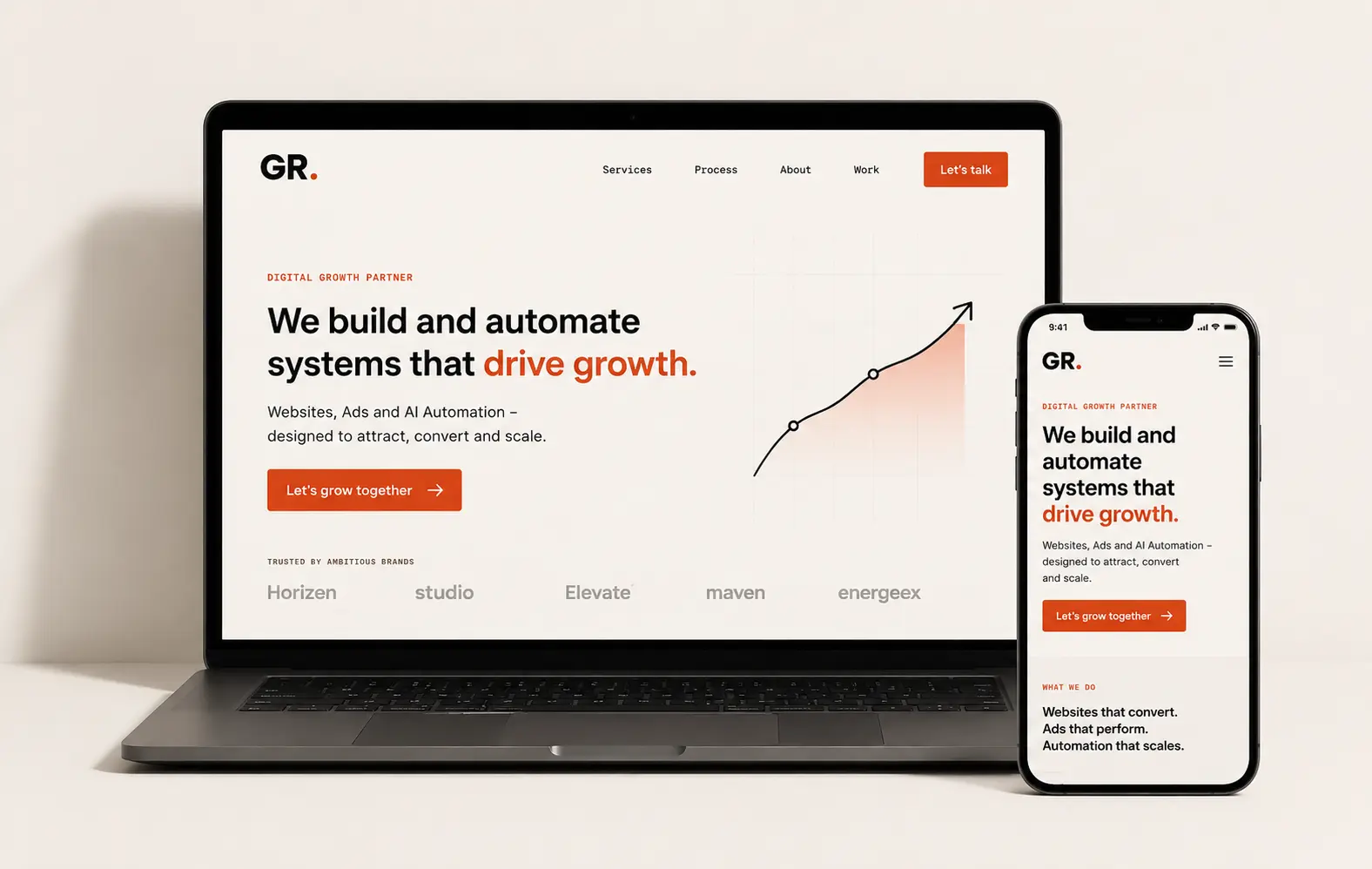 Aperçu d'un site web optimisé conversion conçu par GR AdLab avec tracking et performance mobile